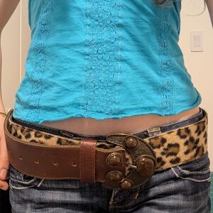 Leopard Print Faux Fur Wide Belt with Brown Leather Trim